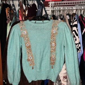 Vtg Elegant Teal Sweater with Embellished Details